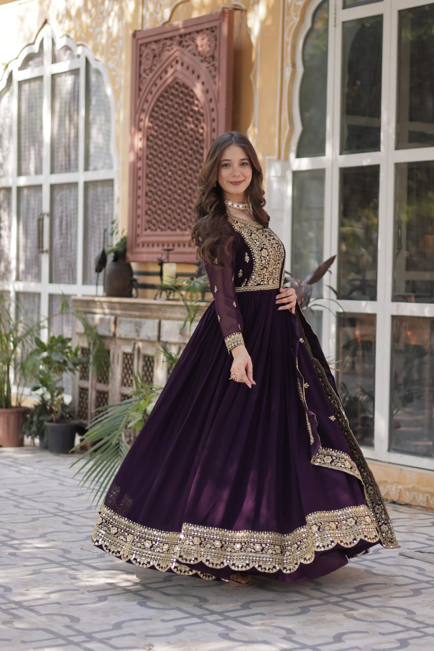 Women's Luxurious Plum Velvet Anarkali Gown With Heavy Gold Zari & Sequin  Embroidery  Perfect For Weddings & Grand Festivities - Craftpickr   Handcrafted Products